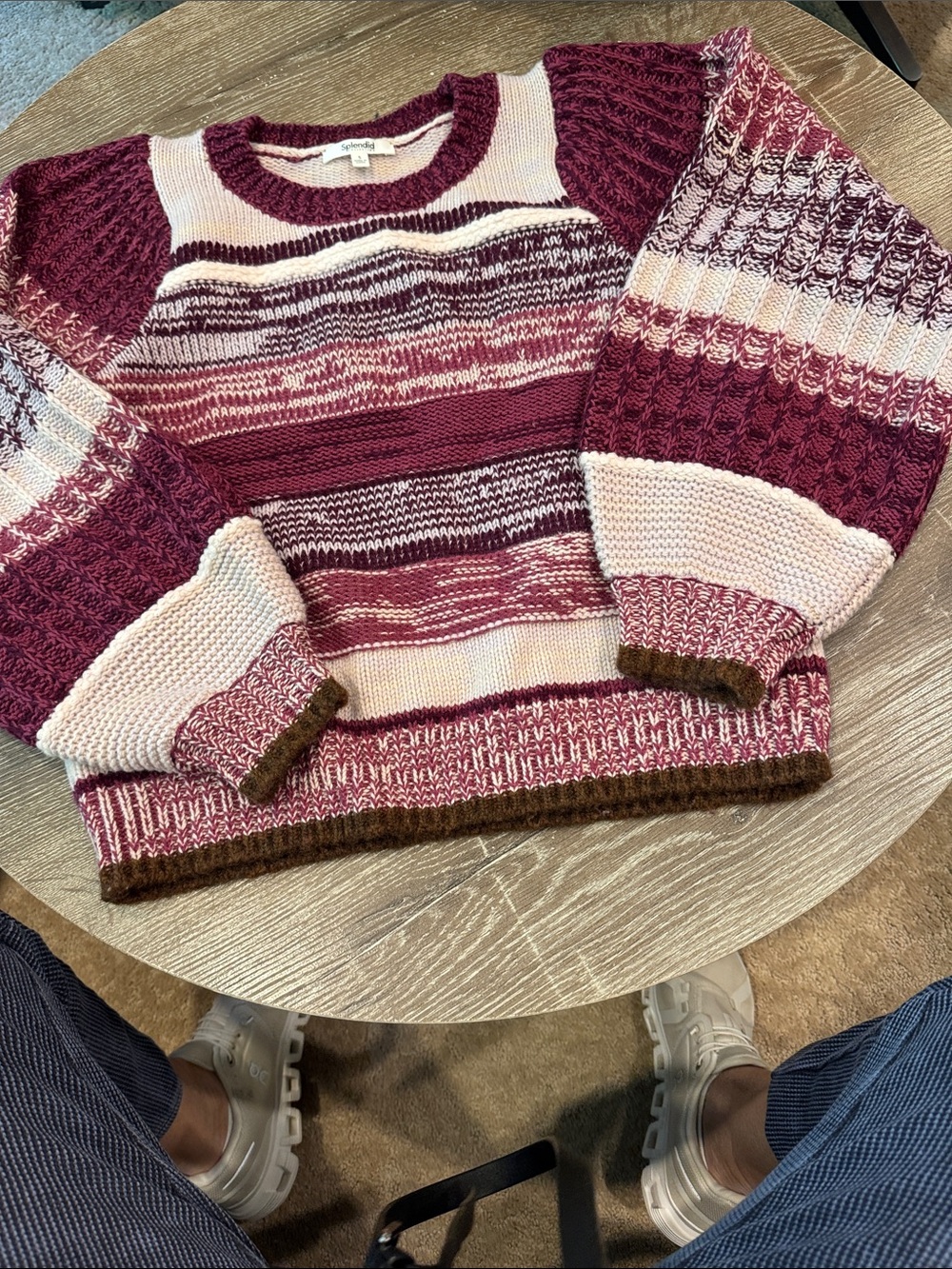 Splendid Maroon and Cream Striped Crewneck Sweater